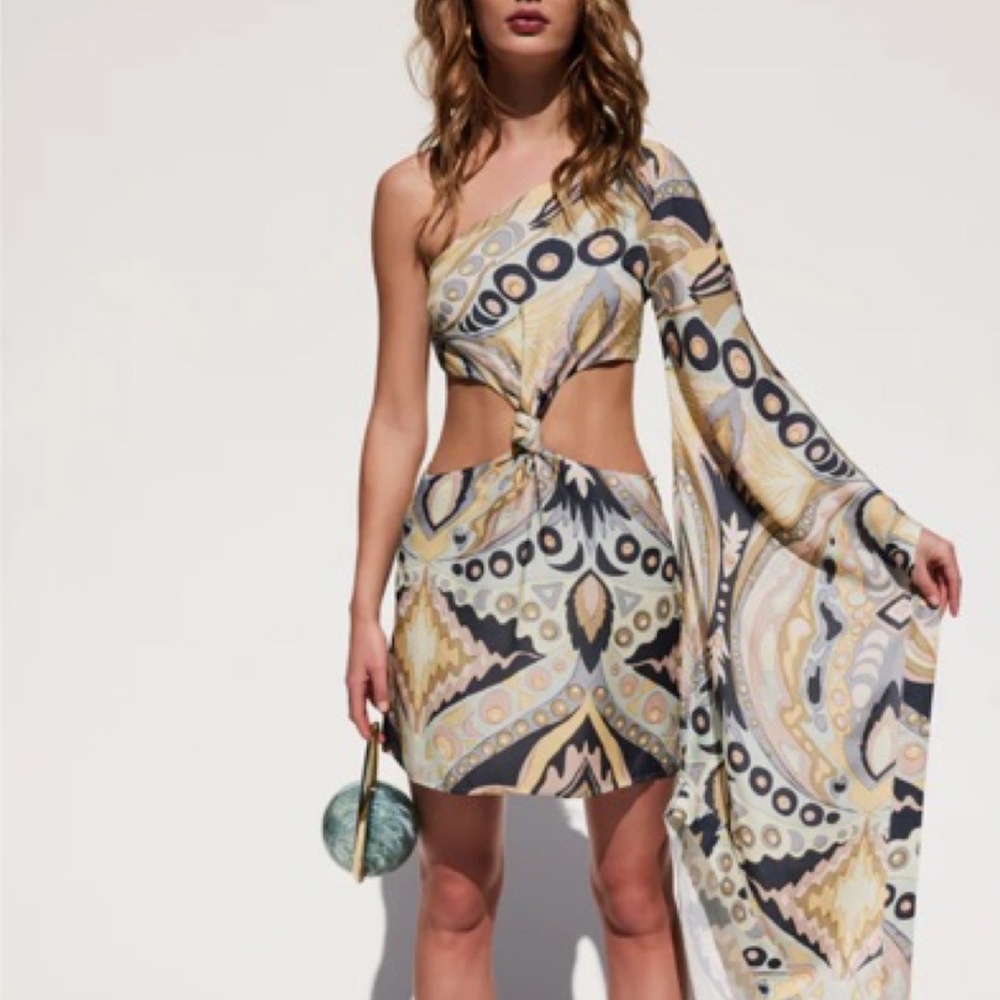 Cult Gaia Lucy One Shoulder Flared Sleeve Cutout Mini Dress Size M-Worn 1 time